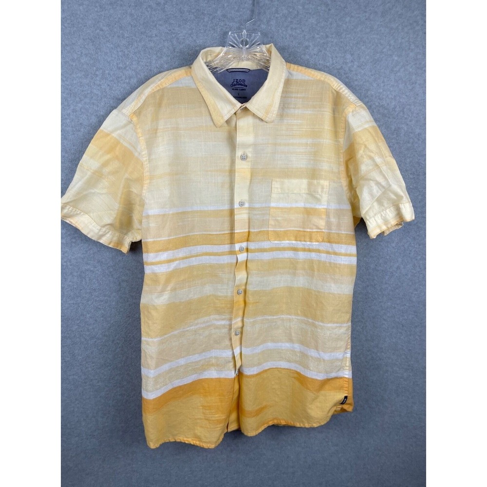 IZOD Saltwater Shirt Men's L‎ Yellow Striped Short Sleeve Button Up Beach Camp